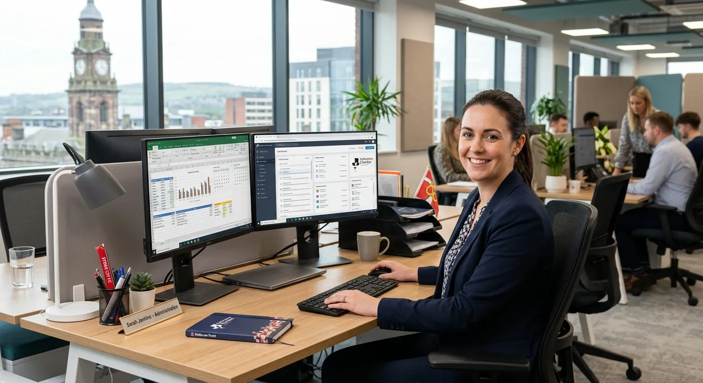 A professional, well-lit office environment in Stoke-on-Trent, showing a person managing administrat... A professional, well-lit office environment in Stoke-on-Trent, showing a person managing administrative tasks on dual monitors, organised desk with stationery, and a friendly smile, conveying efficiency and a modern workspace.