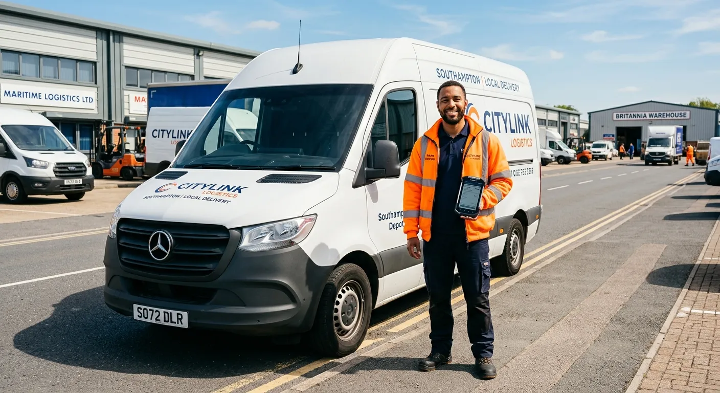 A professional, friendly van driver in high-visibility clothing, smiling and holding a digital deliv... A professional, friendly van driver in high-visibility clothing, smiling and holding a digital delivery device, standing next to a clean, modern van on a sunny day in a Southampton industrial estate. Style: Authentic, professional, aspirational.