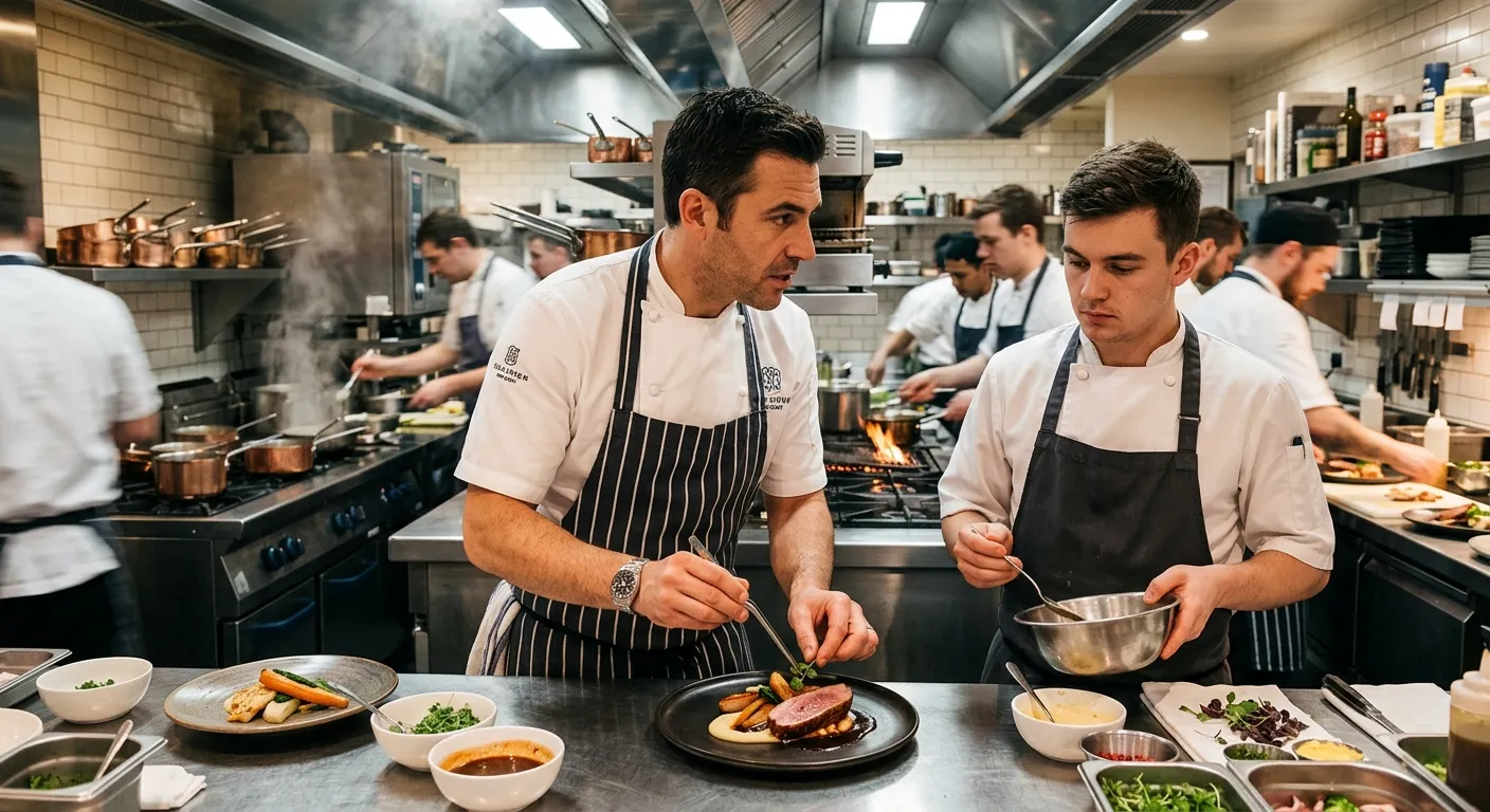 A professional, well-composed photo of a modern, bustling restaurant kitchen in action during servic... A professional, well-composed photo of a modern, bustling restaurant kitchen in action during service. A Sous Chef in whites is confidently plating a dish while instructing a junior chef. The mood is focused, energetic, and professional, highlighting teamwork and culinary skill.