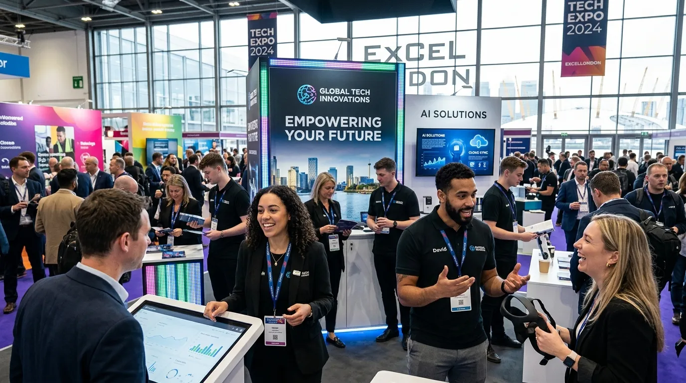 A professional, dynamic hero image showing a diverse team of exhibition staff in London at a major trade show. They are engaging with visitors, showcasing products, and managing a sleek exhibition stand. The style is vibrant, modern, and high-energy, capturing the buzz of a successful London event.