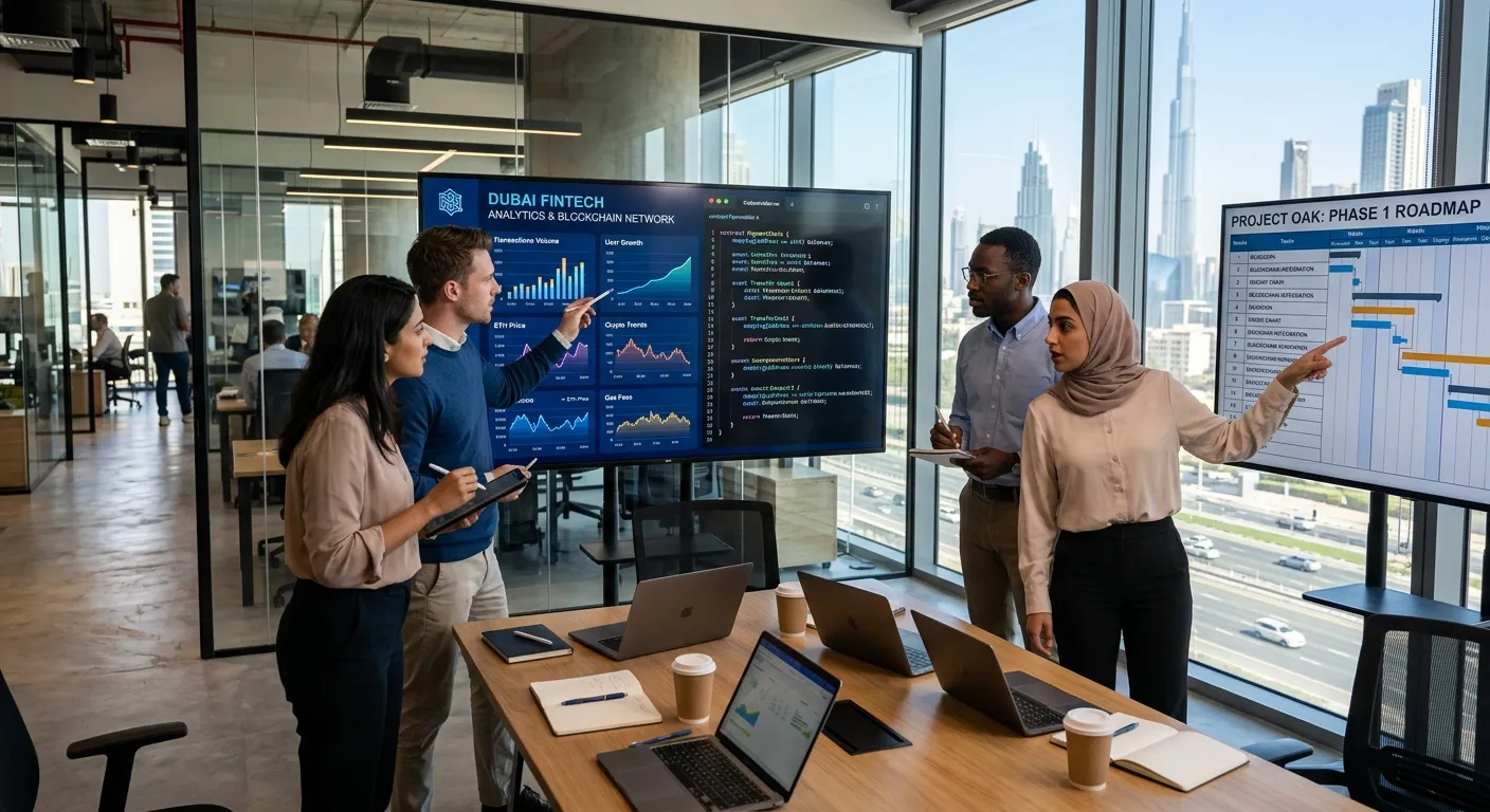 A professional, diverse team of four people in a modern Dubai office collaborating around a large monitor displaying fintech analytics and blockchain code. One person is pointing to a Gantt chart on a secondary screen.