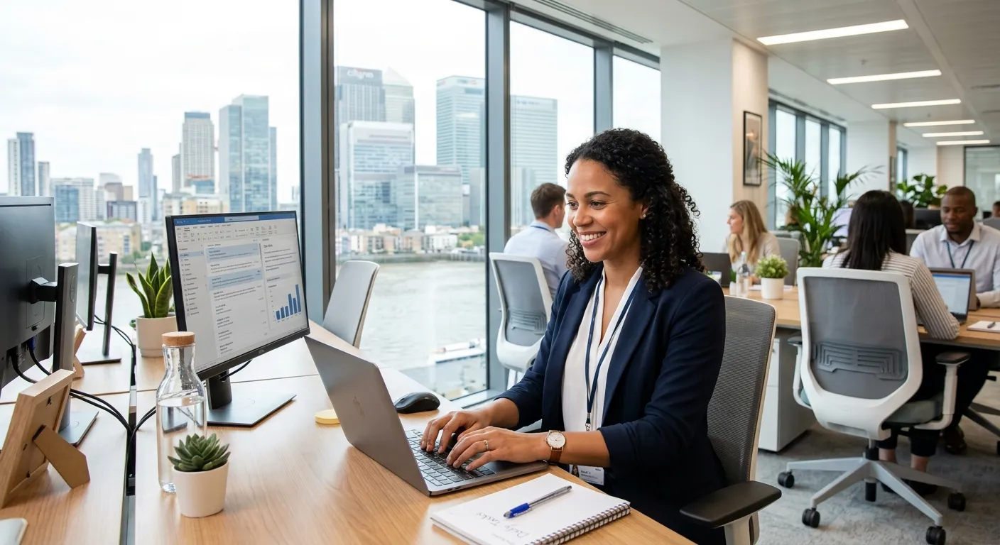 A professional, friendly-looking Admin Assistant working efficiently in a modern, bright office in C... A professional, friendly-looking Admin Assistant working efficiently in a modern, bright office in Canary Wharf, London. The image should convey organisation, productivity, and a positive work environment.