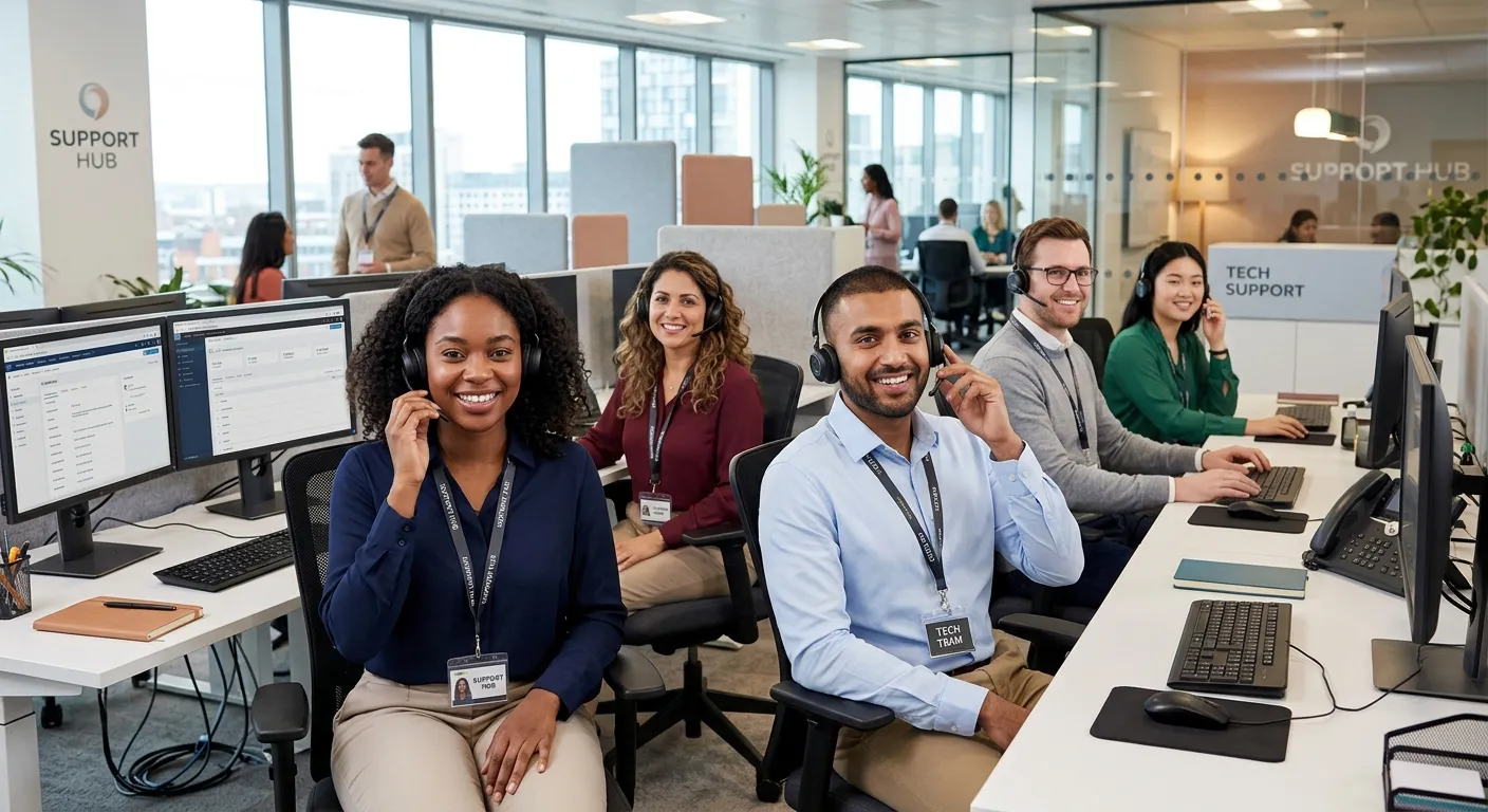 Professional, diverse group of customer service representatives in a modern call center or support h... Professional, diverse group of customer service representatives in a modern call center or support hub, smiling and wearing headsets, with a bright, clean, and energetic office atmosphere