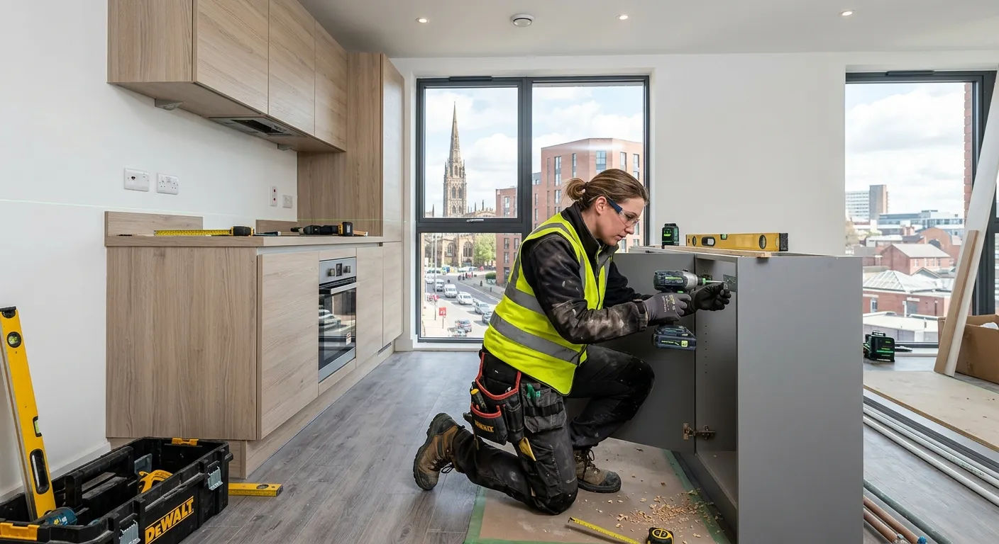 A skilled carpenter in high-vis attire, meticulously fitting a kitchen unit in a new-build apartment... A skilled carpenter in high-vis attire, meticulously fitting a kitchen unit in a new-build apartment in Coventry city centre, showcasing precision and modern tools.
