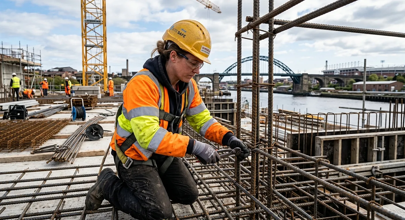 Professional photograph of a skilled Steel Fixer at work on a construction site in Sunderland, weari... Professional photograph of a skilled Steel Fixer at work on a construction site in Sunderland, wearing full PPE, carefully positioning and tying reinforcement bars. The image should convey skill, safety, and the industrial environment.