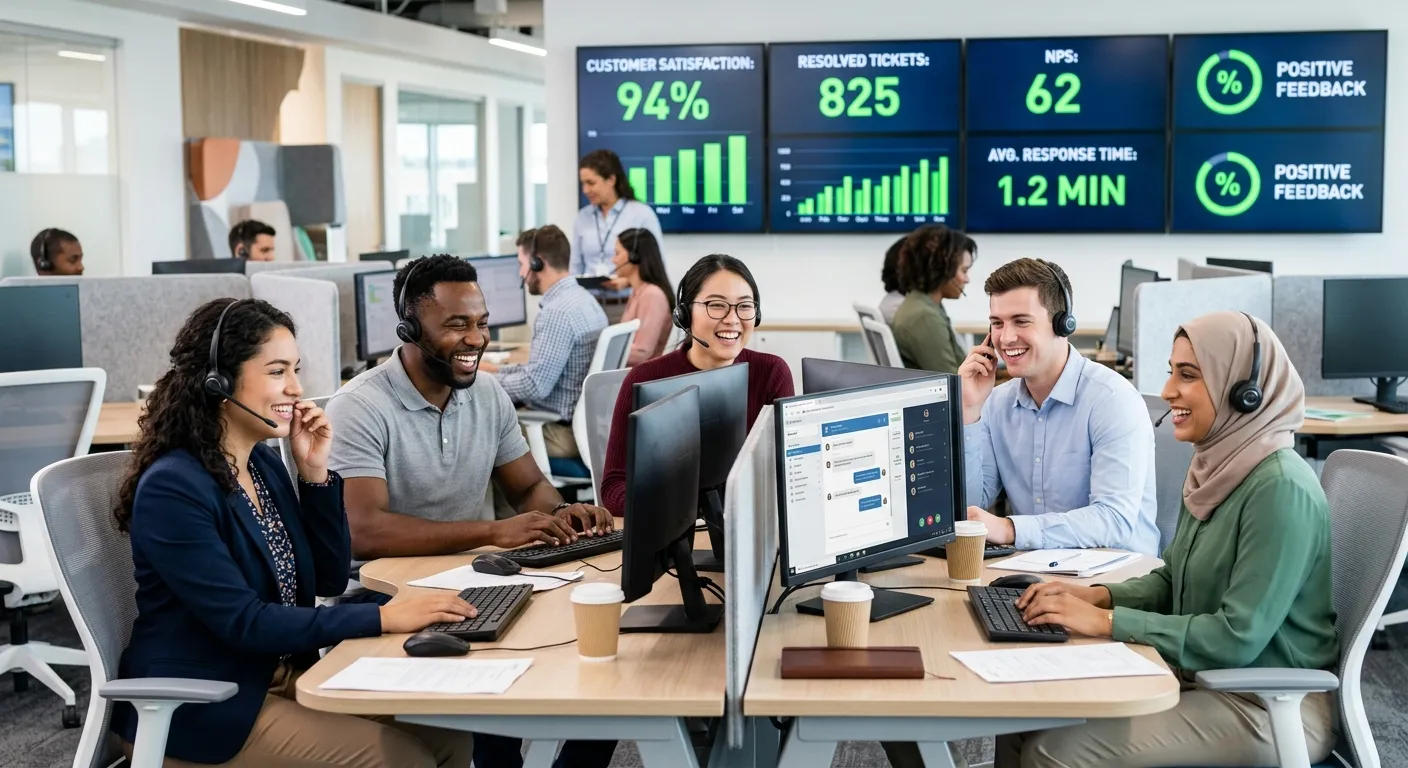 A diverse, professional team of customer service representatives in a modern call center, smiling an... A diverse, professional team of customer service representatives in a modern call center, smiling and wearing headsets, with a soft-focus background of digital screens showing positive customer satisfaction metrics. Professional, bright, and engaging mood.