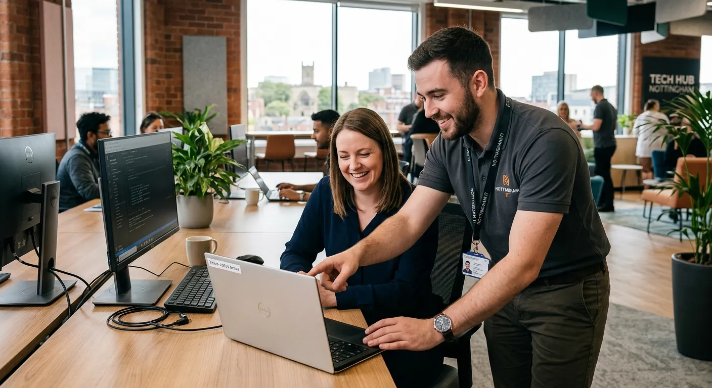 A professional, friendly IT support specialist in a modern office environment in Nottingham, smiling... A professional, friendly IT support specialist in a modern office environment in Nottingham, smiling while assisting a colleague on a laptop. The mood is competent, helpful, and tech-savvy.