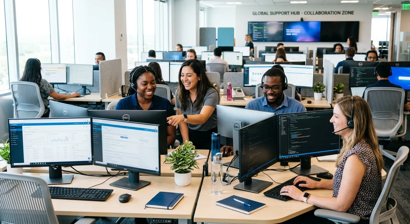 A professional, high-energy photo of a diverse customer service team in a modern call centre or support hub. They are smiling, wearing headsets, and collaborating in front of multiple monitors. Style is bright, crisp, and corporate. Mood is confident, efficient, and team-oriented.