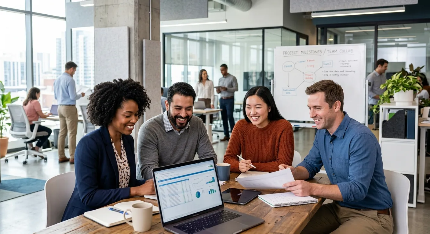 A diverse group of professional temporary workers in a modern office setting, smiling and collaborating. Style: Bright, professional, high-resolution. Mood: Dynamic, capable, and reliable.