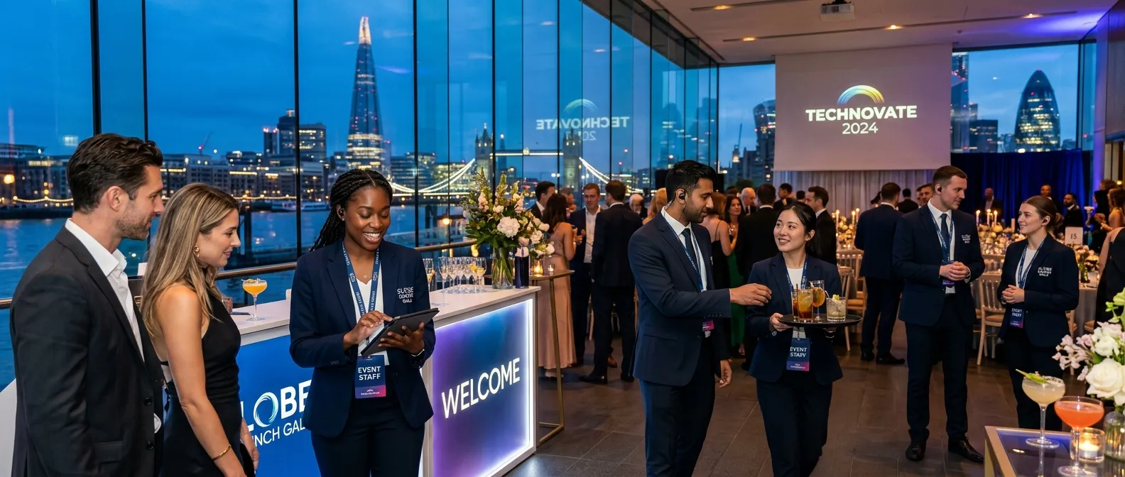 A dynamic, professional hero image showing a diverse team of event staff in smart attire working sea... A dynamic, professional hero image showing a diverse team of event staff in smart attire working seamlessly at a high-profile London event, such as a product launch or gala dinner. The image should convey energy, professionalism, and teamwork, with the iconic London skyline subtly in the background. Style: Modern, vibrant, and aspirational.