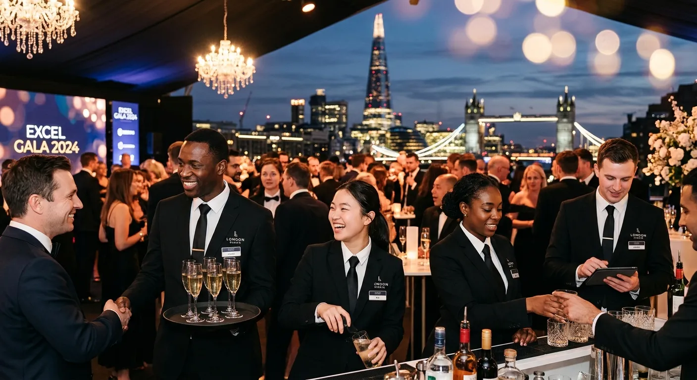 A dynamic, high-energy photograph of a diverse team of professional event staff in London. They are dressed in sharp black-and-white uniforms, smiling and working seamlessly at a high-end corporate gala. The background features iconic London architecture like the Shard or Tower Bridge, with soft bokeh lights. Style: Professional, vibrant, and modern.