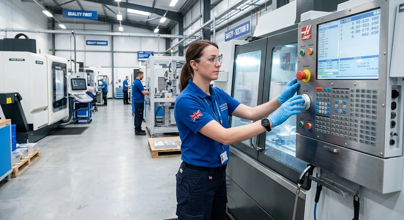 A professional, high-quality image of a skilled Machine Operator in a modern Leicester manufacturing... A professional, high-quality image of a skilled Machine Operator in a modern Leicester manufacturing facility, focused on operating a CNC machine or similar industrial equipment. The operator wears appropriate PPE, and the environment is clean, safe, and well-lit, conveying a sense of precision and opportunity.