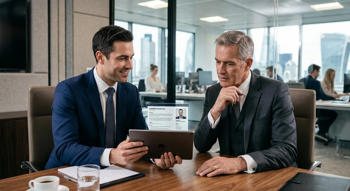 A modern, professional business setting. A confident headhunter in a sharp suit discusses a candidate profile on a tablet with a senior executive. The mood is strategic, focused, and high-stakes. Style: Corporate photography with shallow depth of field.
