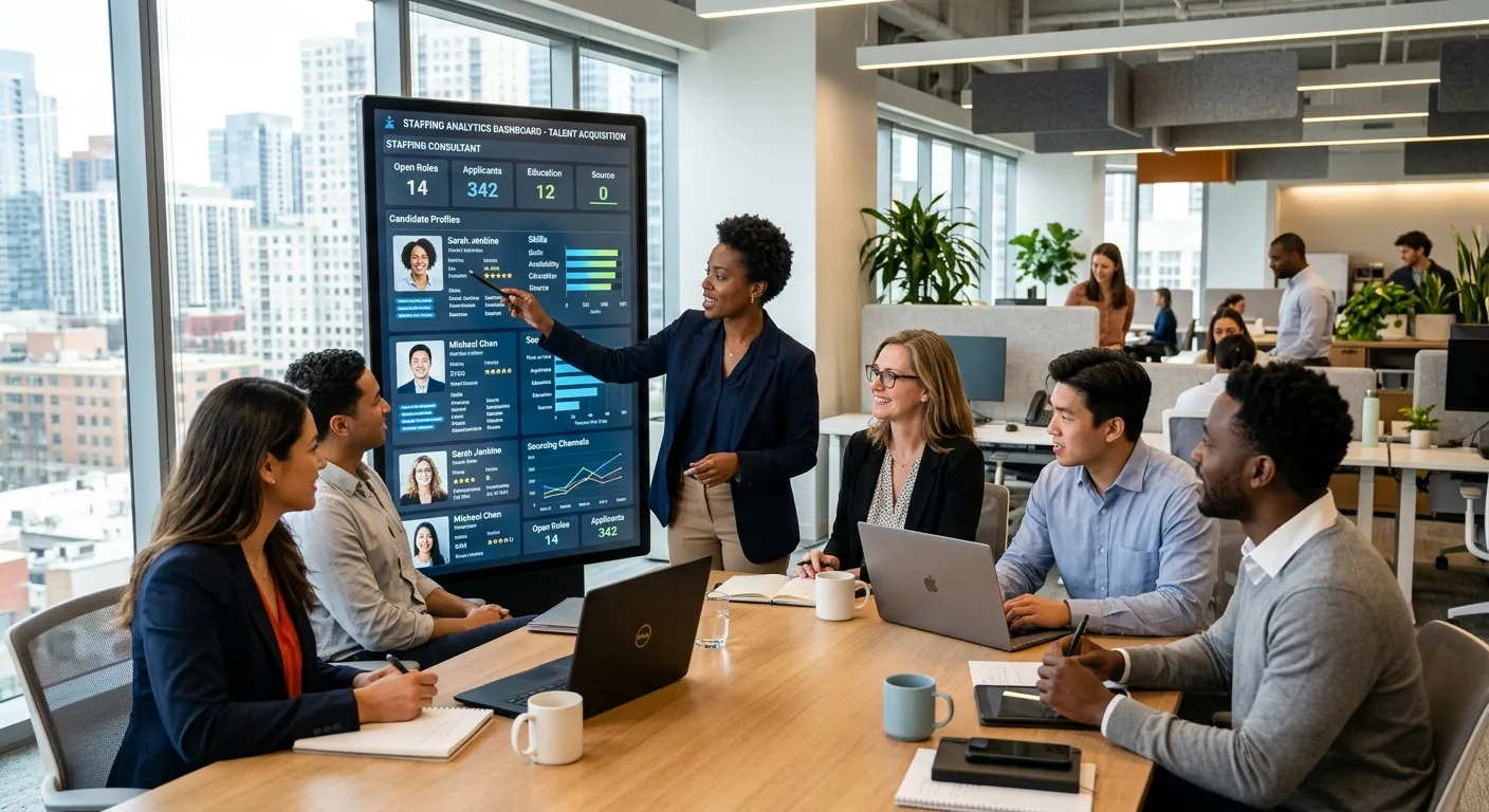 A diverse group of professionals in a modern office collaborating with a staffing consultant over a... A diverse group of professionals in a modern office collaborating with a staffing consultant over a digital dashboard, showing analytics and candidate profiles. Style: professional, bright, data-driven.