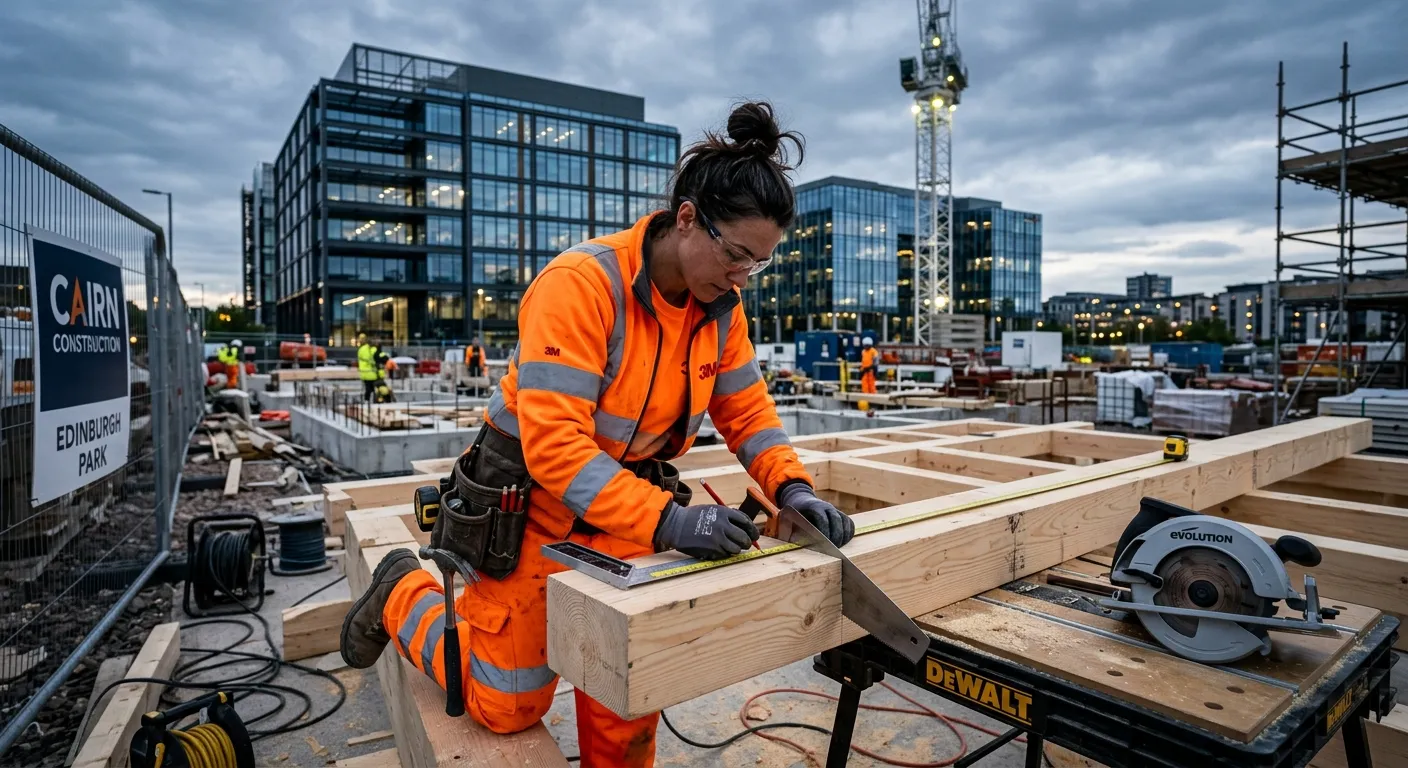 A professional, skilled carpenter in high-visibility workwear, meticulously measuring and cutting ti... A professional, skilled carpenter in high-visibility workwear, meticulously measuring and cutting timber on a well-lit, modern construction site in Edinburgh Park, with commercial buildings in the background. Style: Authentic, professional, inspiring. Mood: Skilled, precise, and in-demand.