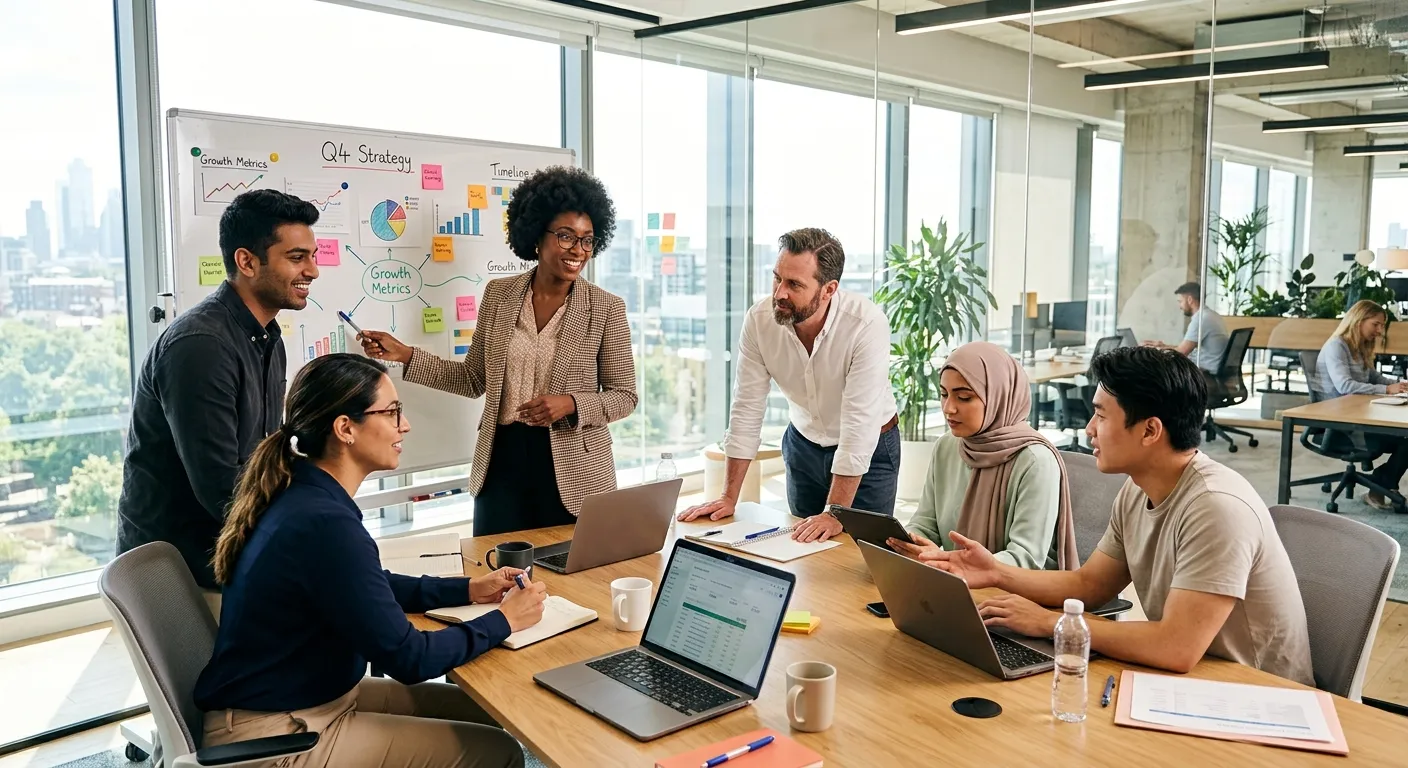 A professional, diverse team collaborating in a modern office environment, looking engaged and focus... A professional, diverse team collaborating in a modern office environment, looking engaged and focused. Style is bright, high-contrast, and aspirational.