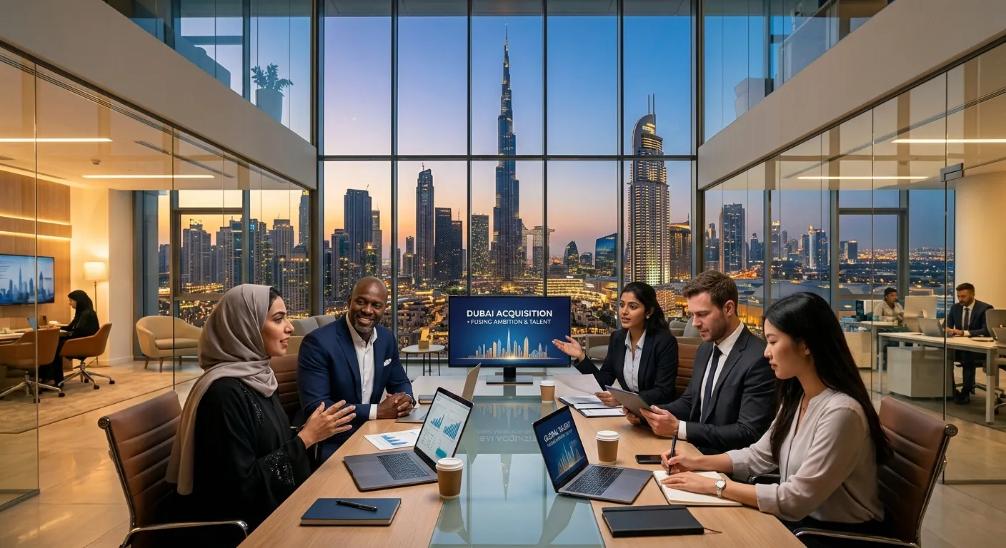 A dynamic, professional photo of the Dubai skyline (Burj Khalifa, Marina) blending with a diverse group of professionals in a modern office, symbolizing the fusion of Dubai's ambition with top-tier talent acquisition.