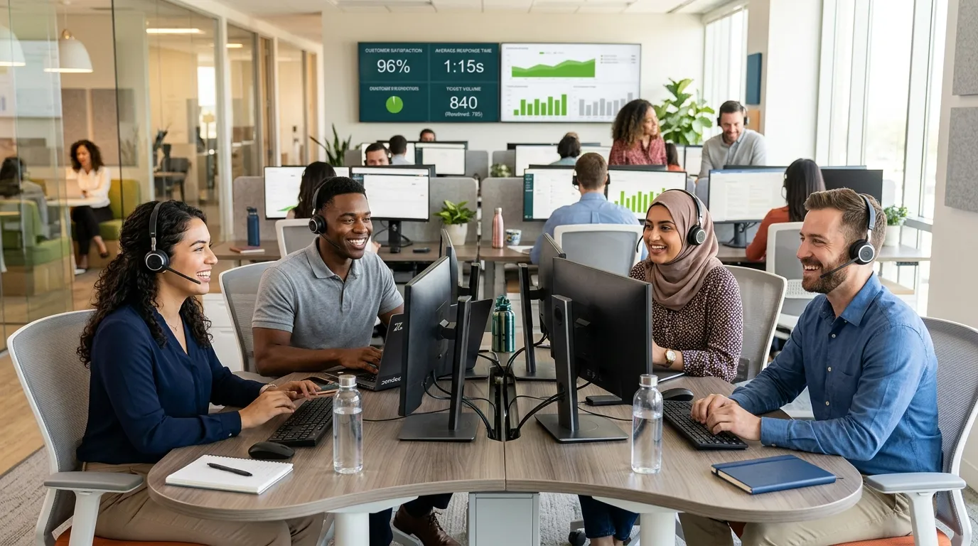 Professional hero image showing a diverse team of customer service representatives in a modern call... Professional hero image showing a diverse team of customer service representatives in a modern call centre or office setting, smiling and wearing headsets, with a blurred background of monitors displaying positive metrics. Style: Bright, professional, and energetic. Mood: Confident, efficient, and collaborative.