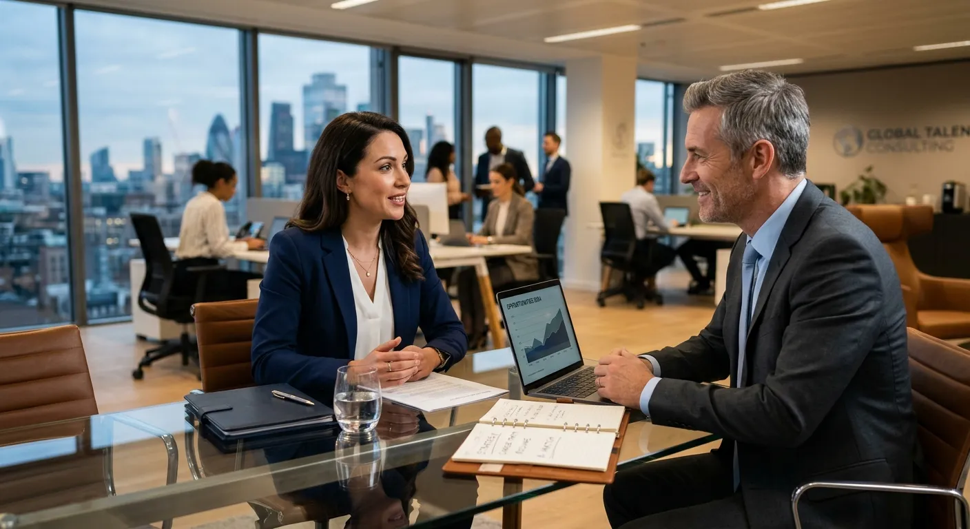A professional, confident job seeker in a modern office setting having a focused, strategic conversa... A professional, confident job seeker in a modern office setting having a focused, strategic conversation with a headhunter. Style: Corporate, high-end, with a mood of opportunity and partnership.