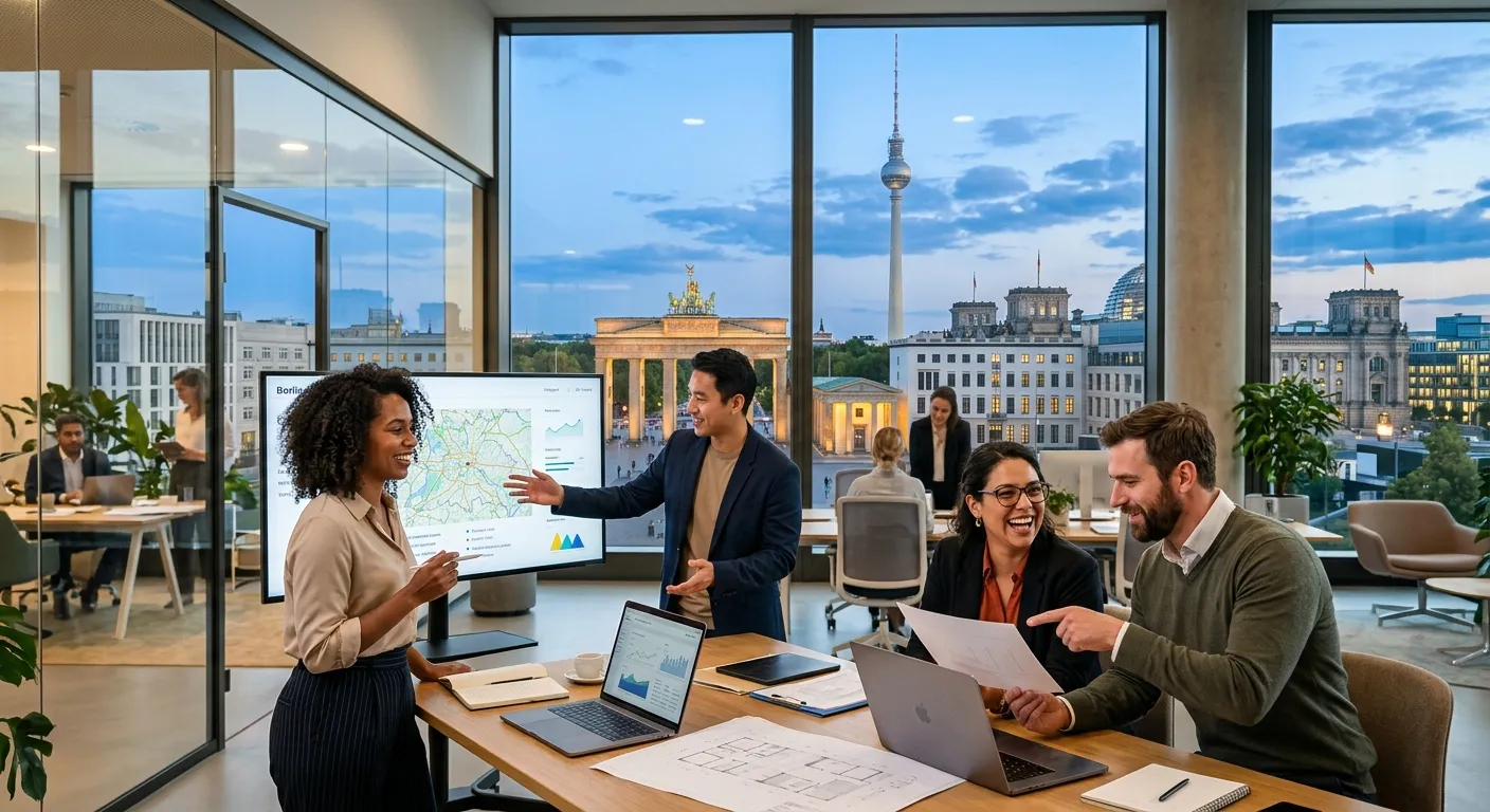 A dynamic, professional photo of Berlin's skyline (Brandenburg Gate, TV Tower) blending with a diverse group of modern professionals in a collaborative office setting. Style: Vibrant, hopeful, professional. Mood: Energetic, innovative, and connected.