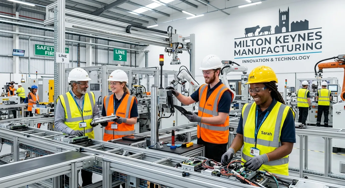 A diverse group of factory workers in high-visibility vests and safety gear, smiling and collaborati... A diverse group of factory workers in high-visibility vests and safety gear, smiling and collaborating on a modern production line in a bright, clean Milton Keynes manufacturing facility.