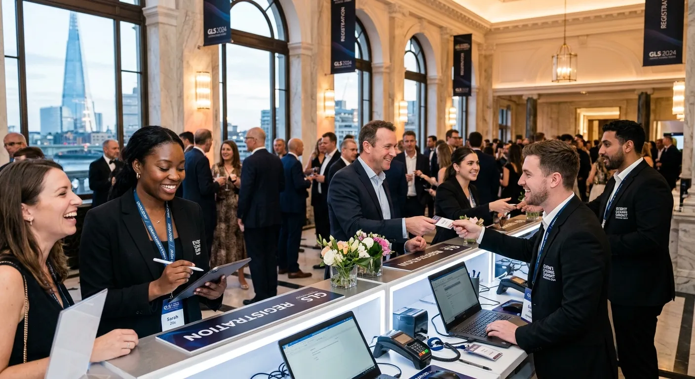 A dynamic, professional hero image showing a diverse team of event staff in action at a high-end Lon... A dynamic, professional hero image showing a diverse team of event staff in action at a high-end London venue. Staff are smiling, engaging with guests, and managing a registration desk. The style is modern, bright, and conveys energy and professionalism.
