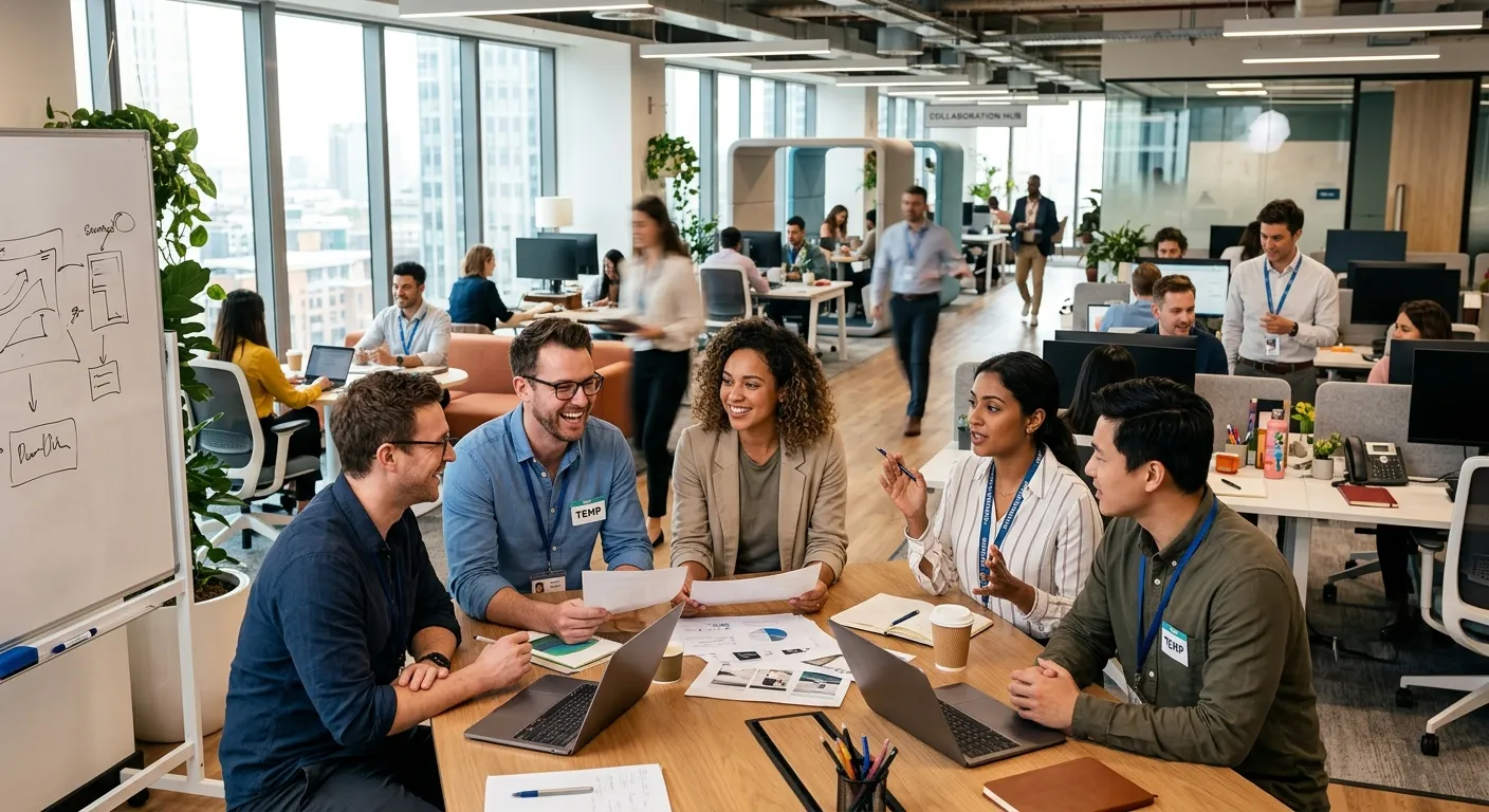 A modern, dynamic office environment with a diverse team of temporary workers collaborating with per... A modern, dynamic office environment with a diverse team of temporary workers collaborating with permanent staff in the background. Professional, bright, and energetic mood.