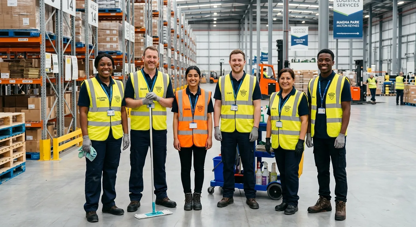 A professional, diverse team of site cleaners in hi-vis vests smiling at the camera, standing in a c... A professional, diverse team of site cleaners in hi-vis vests smiling at the camera, standing in a clean, modern warehouse aisle at Magna Park Milton Keynes. Bright, positive lighting conveying teamwork and a professional environment.