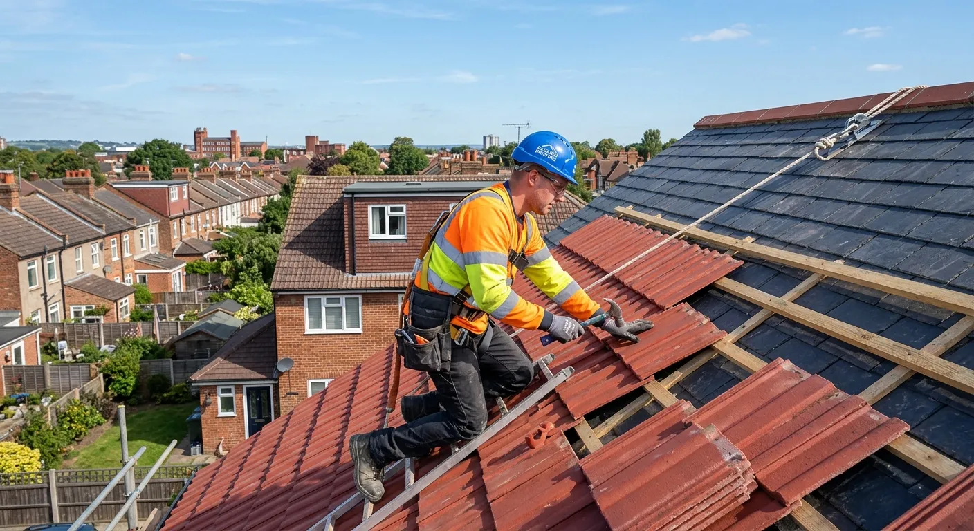 A professional roofer at work on a pitched roof in Slough, safely installing tiles on a residential property under a clear sky, showcasing skill and safety gear.