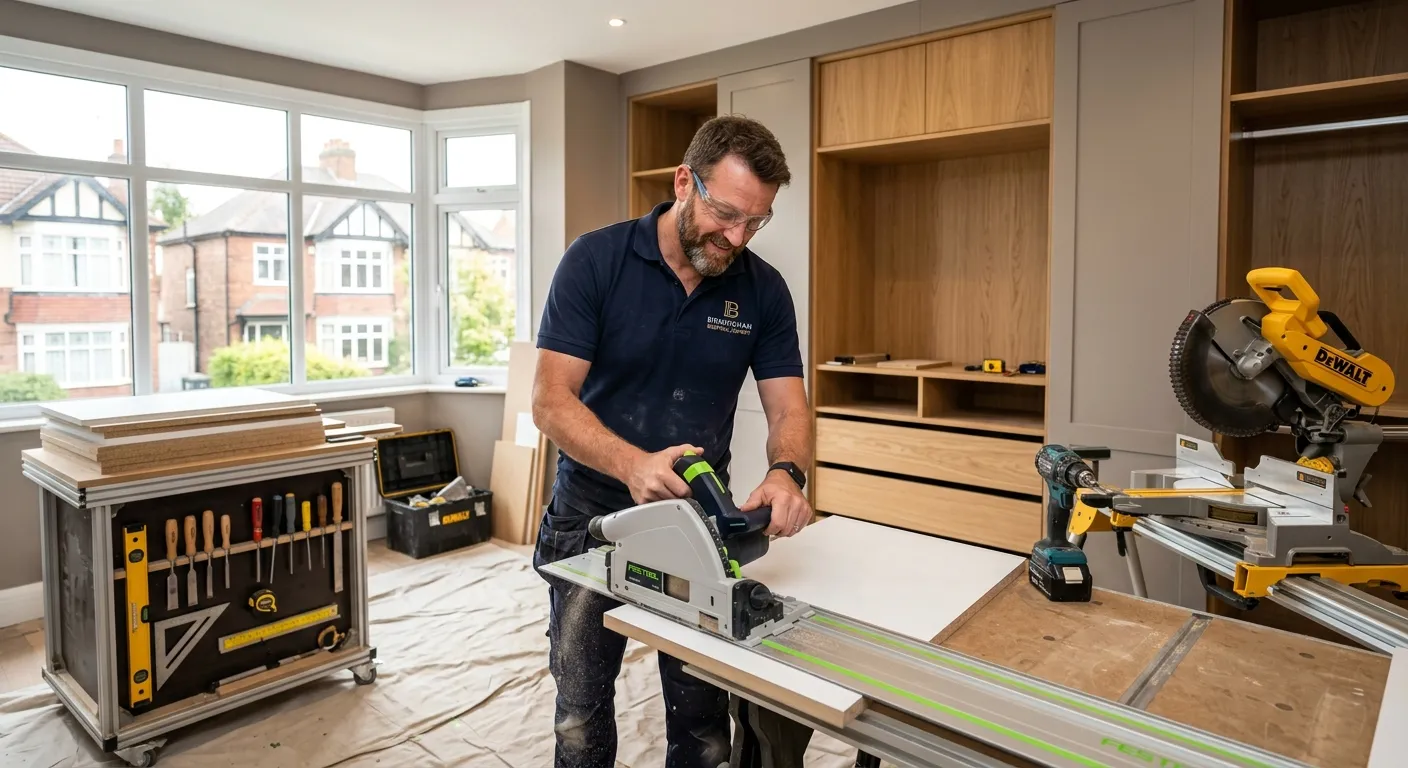 A professional, confident joiner at work on a high-quality fitted wardrobe in a modern residential property in Birmingham, showcasing precision and skill with hand tools and power saws.