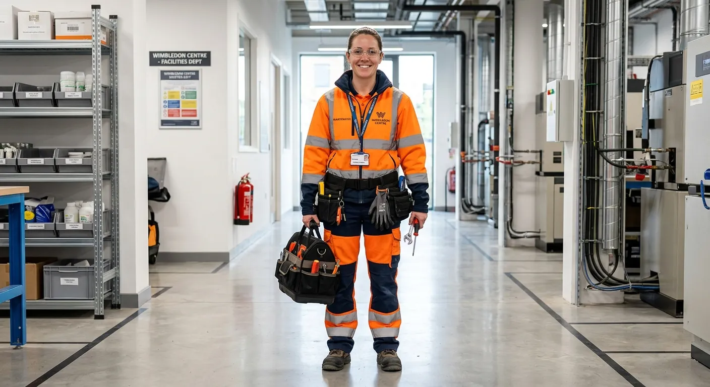 A professional, confident Maintenance Operative in high-visibility workwear, holding tools, standing in a well-maintained commercial facility in Wimbledon. Style: Realistic, bright, professional photography.
