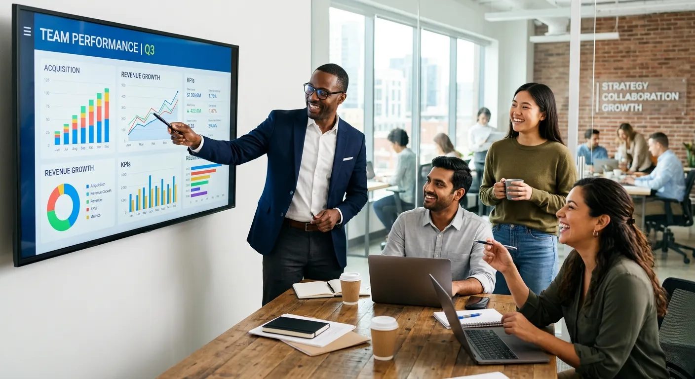 A professional, high-energy photo of a diverse team in a modern office collaborating. A hiring manager points to a data dashboard on a screen, with a candidate smiling in the background. Style: Bright, optimistic, corporate. Mood: Dynamic, successful, and strategic.