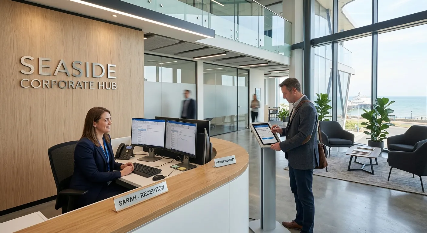 A modern, sleek corporate reception area in an Eastbourne office building, with a professional recep... A modern, sleek corporate reception area in an Eastbourne office building, with a professional receptionist using a dual-monitor setup and a visitor signing in on a tablet kiosk.