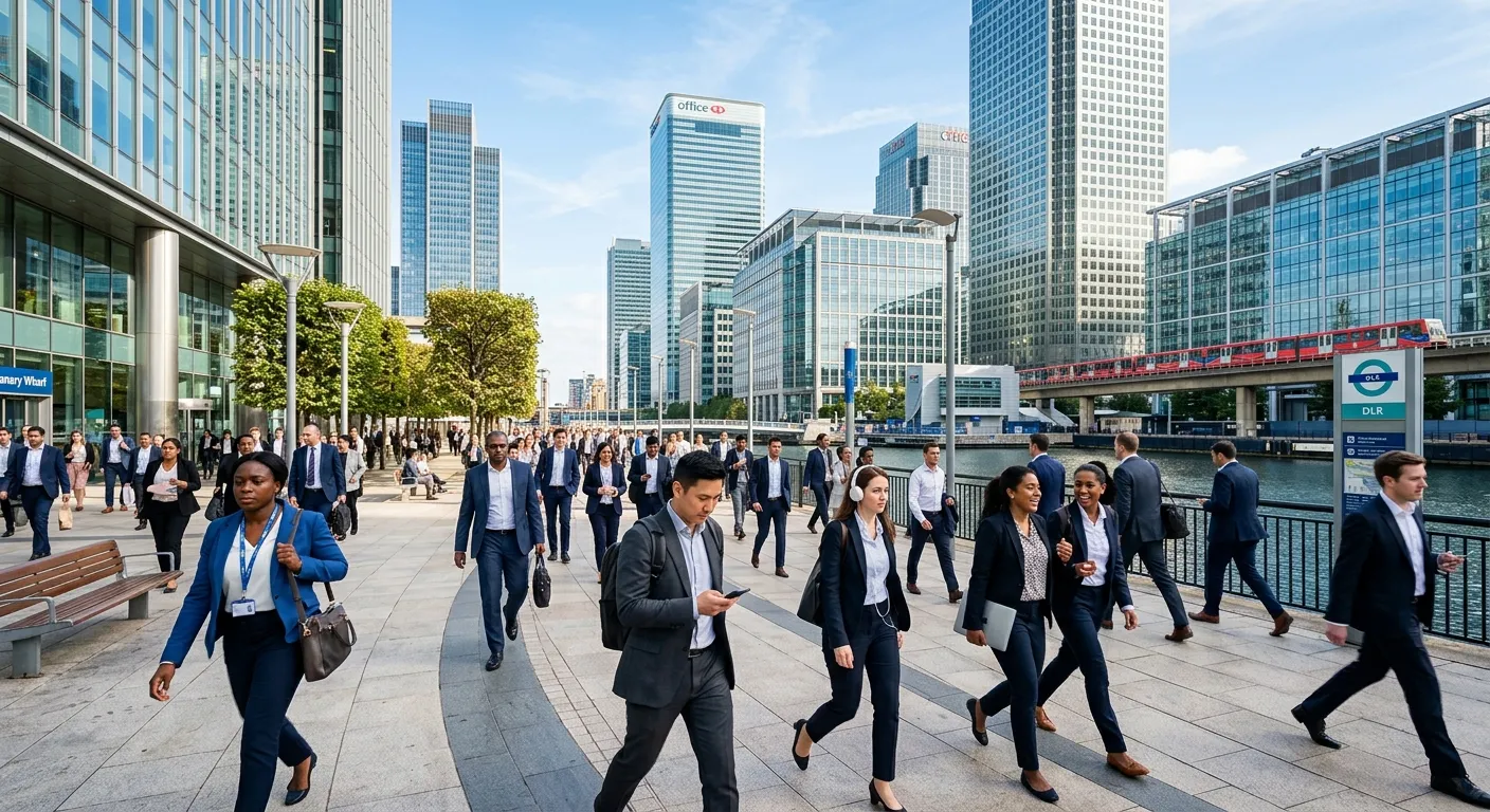 A professional, wide-angle shot of a modern London business district (Canary Wharf or City of London) bustling with diverse workers, symbolising the dynamic temp workforce. Style: Bright, sharp, and aspirational.