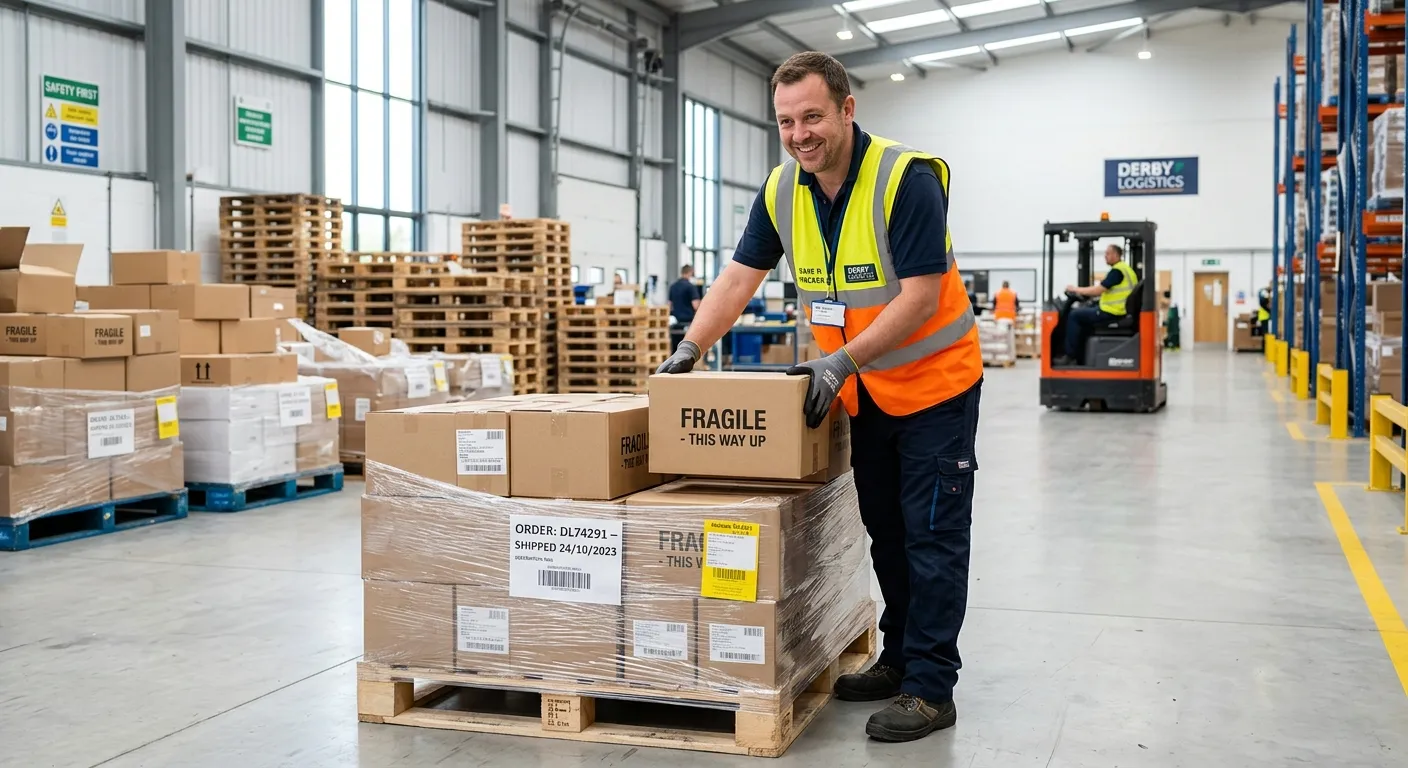 A professional, well-lit photograph of a Production Packer in a modern, clean warehouse in Derby, sa... A professional, well-lit photograph of a Production Packer in a modern, clean warehouse in Derby, safely packing items onto a pallet. The worker is wearing a hi-vis vest and gloves, smiling confidently. The image conveys efficiency, safety, and a positive work environment.