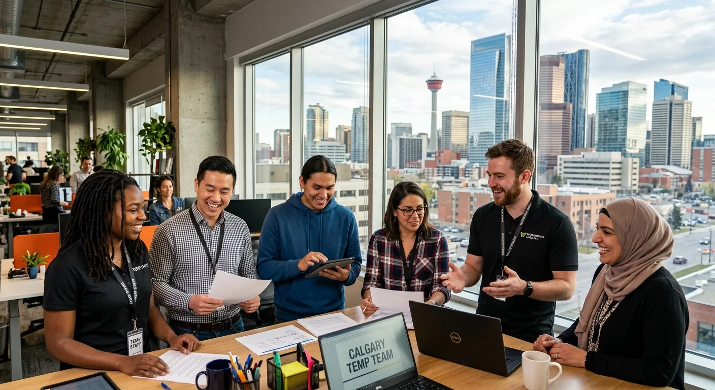 A dynamic, professional photo of a diverse group of temporary workers in a modern Calgary office or industrial setting, collaborating and smiling, with the Calgary skyline visible through a window. Style: professional, bright, and energetic.