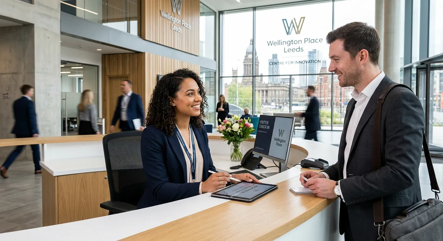 A professional, confident receptionist in a modern Leeds office building, smiling and assisting a vi... A professional, confident receptionist in a modern Leeds office building, smiling and assisting a visitor. The style is bright, sharp, and aspirational, showcasing a contemporary workspace.