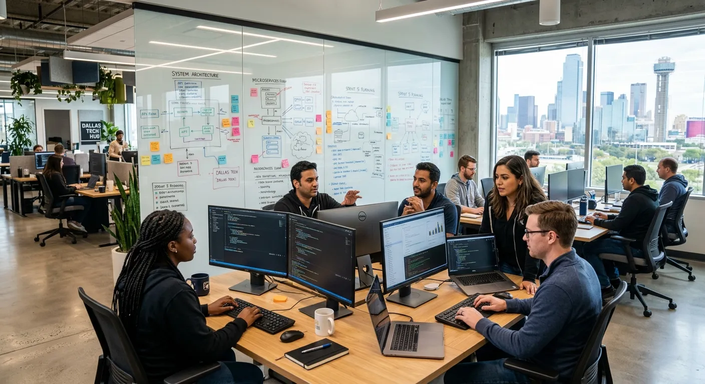 A modern, collaborative office space in Dallas with a diverse team of software developers and engine... A modern, collaborative office space in Dallas with a diverse team of software developers and engineers working together on multiple monitors, whiteboards filled with architectural diagrams in the background.