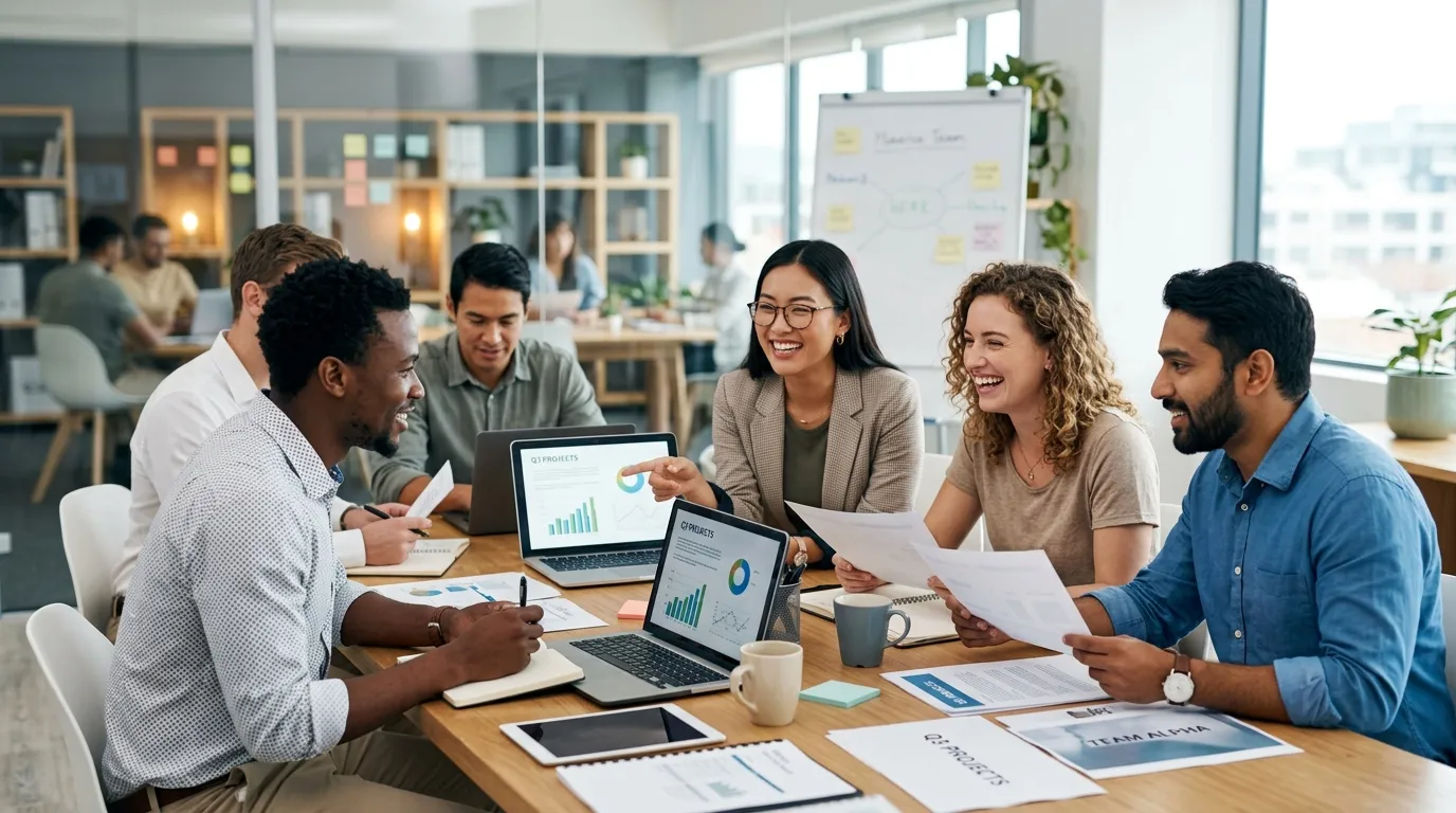 A dynamic, professional hero image showing a diverse team of temporary workers collaborating in a mo... A dynamic, professional hero image showing a diverse team of temporary workers collaborating in a modern office environment. The style is bright, energetic, and focused, with a blurred background to emphasize the people. Mood: Confident, efficient, and solution-oriented.