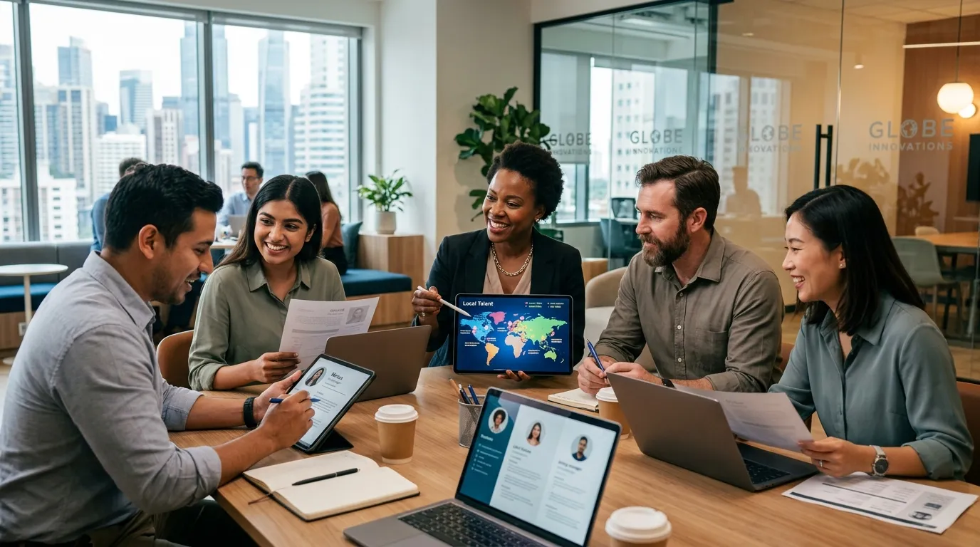 A dynamic, professional hero image showing a diverse team of HR professionals and business managers... A dynamic, professional hero image showing a diverse team of HR professionals and business managers collaborating in a modern office. One is pointing to a map on a tablet with pins labeled 'Local Talent', while others review candidate profiles. Style: Bright, optimistic, with a focus on human connection and technology.