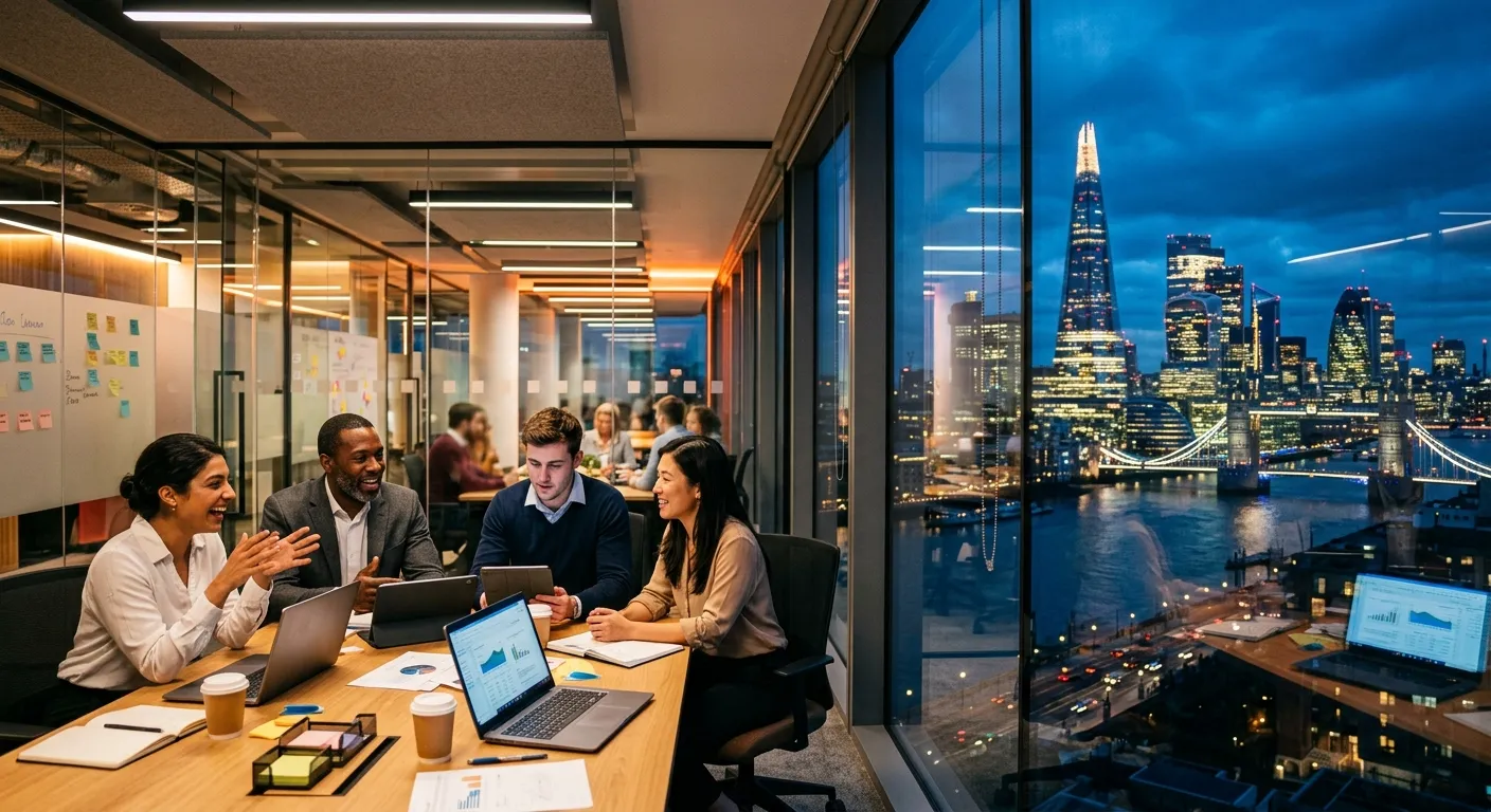 A dynamic, professional photo of the London skyline (The Shard, Gherkin) blending into a modern, vib... A dynamic, professional photo of the London skyline (The Shard, Gherkin) blending into a modern, vibrant office scene with diverse professionals collaborating. Moody, confident lighting.