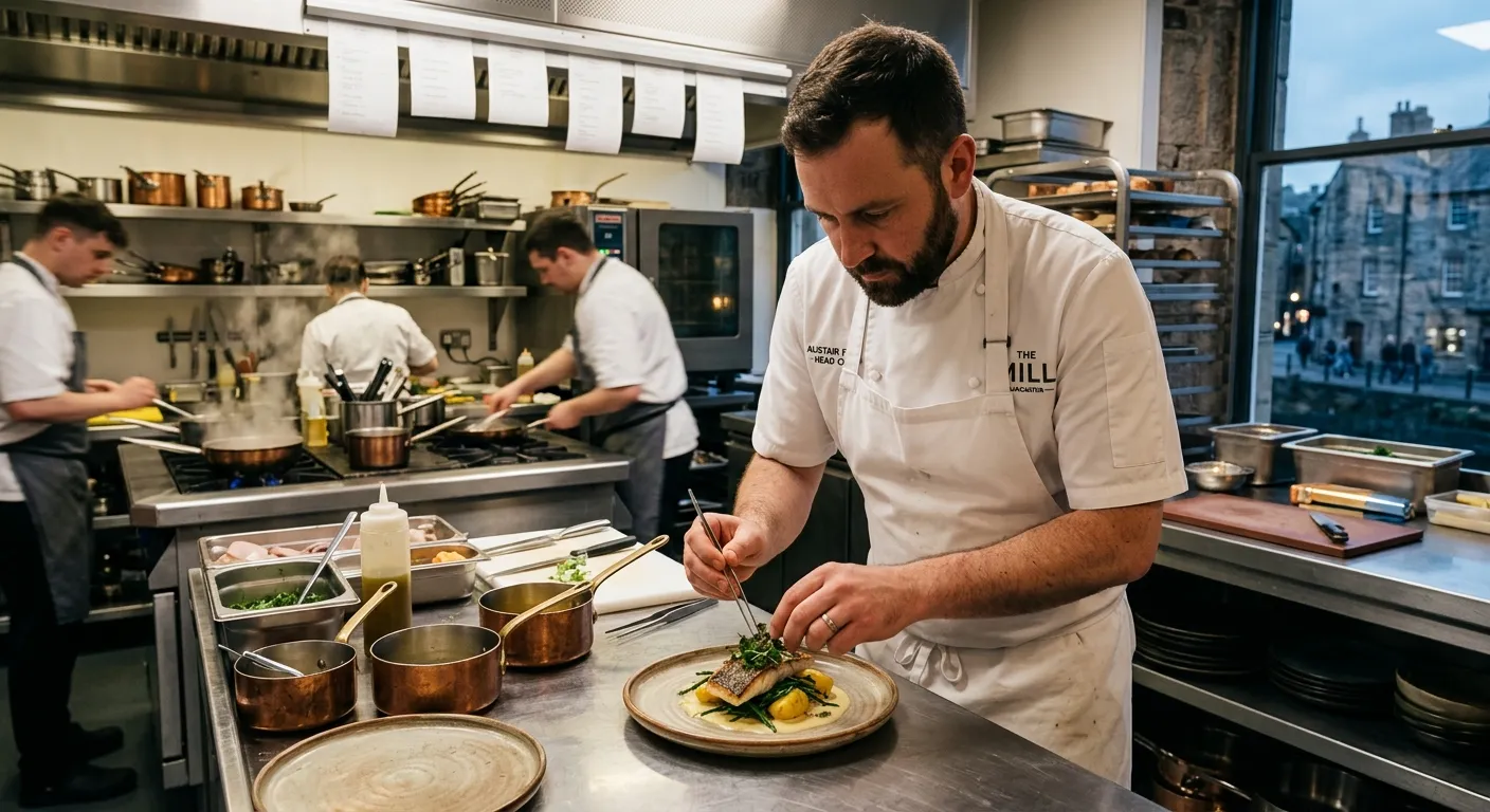 A professional Head Chef in a modern commercial kitchen in Lancaster, plating a dish with precision,... A professional Head Chef in a modern commercial kitchen in Lancaster, plating a dish with precision, wearing a clean chef's whites, conveying skill, leadership, and a high-pressure, professional environment.
