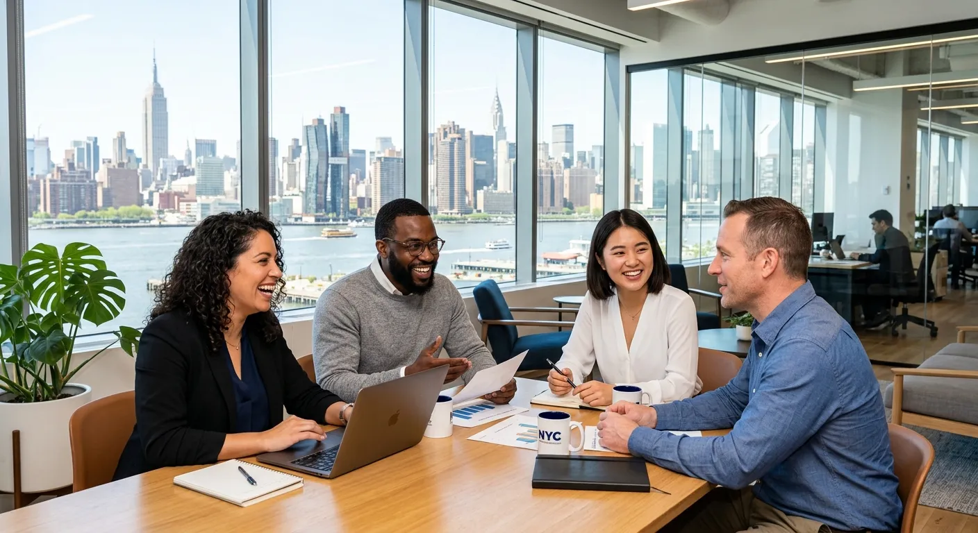 A dynamic, professional photo of a diverse group of professionals collaborating in a modern New York... A dynamic, professional photo of a diverse group of professionals collaborating in a modern New York City office, with the skyline visible through the window. Style is bright, energetic, and corporate.