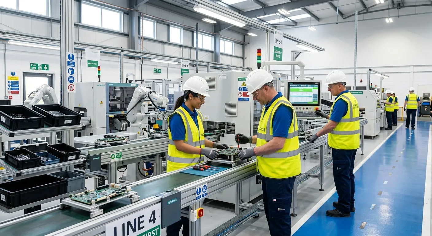 A professional, well-lit photograph of a modern, clean factory production line in Manchester, with o... A professional, well-lit photograph of a modern, clean factory production line in Manchester, with operatives in high-visibility vests and safety gear working collaboratively. The mood is efficient, safe, and industrious.