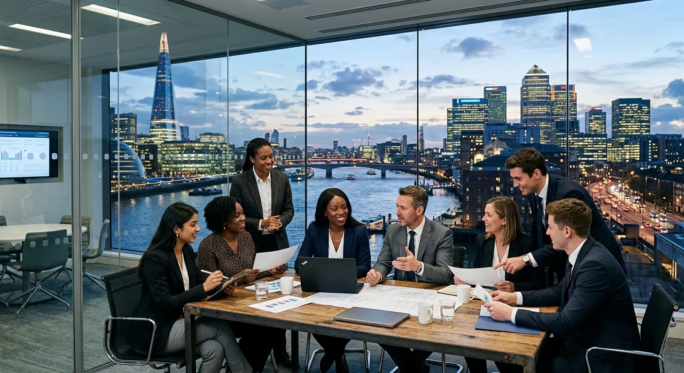 A dynamic, modern photograph of the London skyline (featuring the Shard and Canary Wharf) overlaid w... A dynamic, modern photograph of the London skyline (featuring the Shard and Canary Wharf) overlaid with a diverse group of professionals in business attire collaborating in a sleek office. Style: Professional, vibrant, aspirational. Mood: Energetic, successful, forward-thinking.
