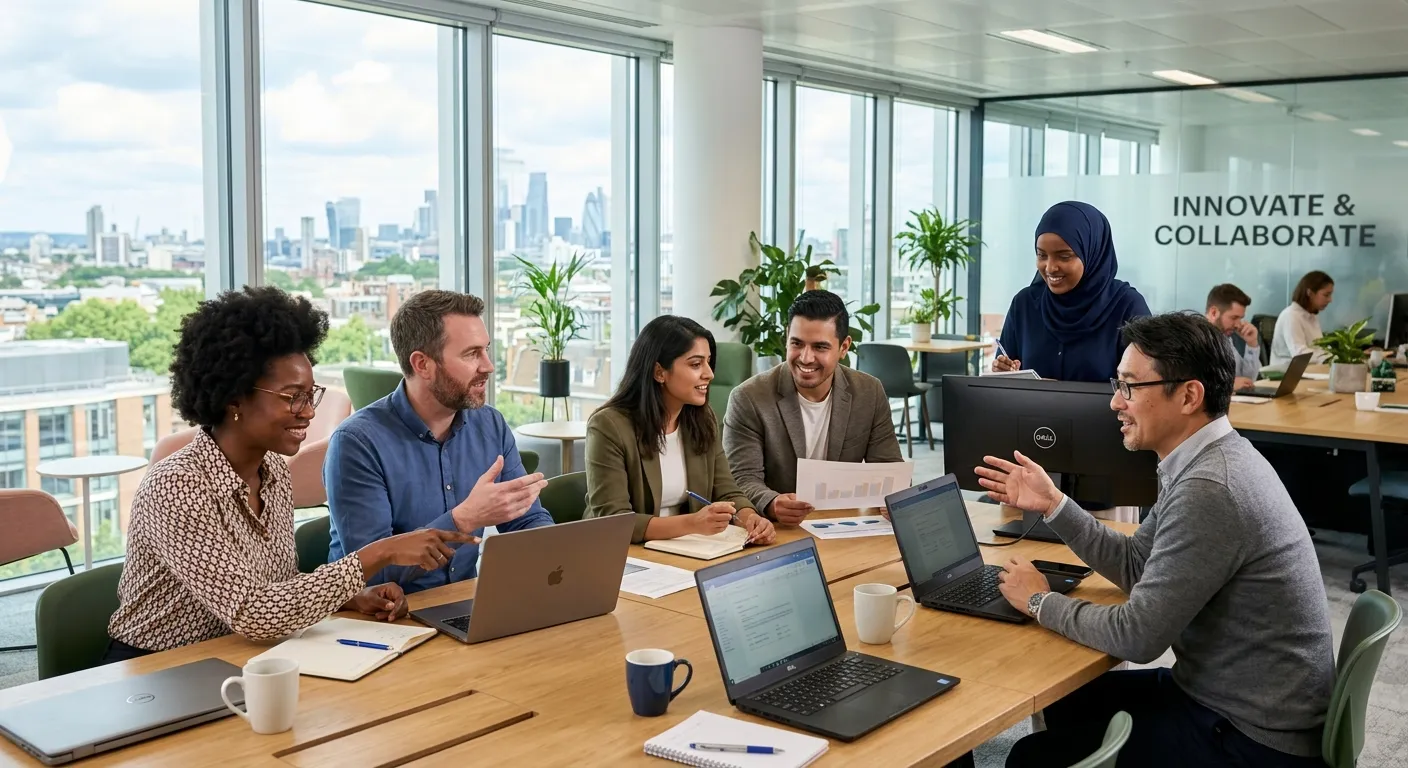 A diverse group of professional full-time employees collaborating in a modern, sunlit office. Style: Corporate, authentic, high-resolution. Mood: Professional, productive, and inclusive.
