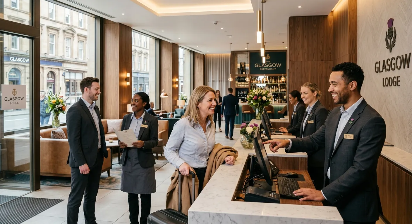 A professional, welcoming image of a diverse team of Front Of House staff in a modern Glasgow hotel... A professional, welcoming image of a diverse team of Front Of House staff in a modern Glasgow hotel or restaurant lobby, smiling and assisting guests. Style: Bright, clean, professional photography. Mood: Efficient, friendly, and high-end service.