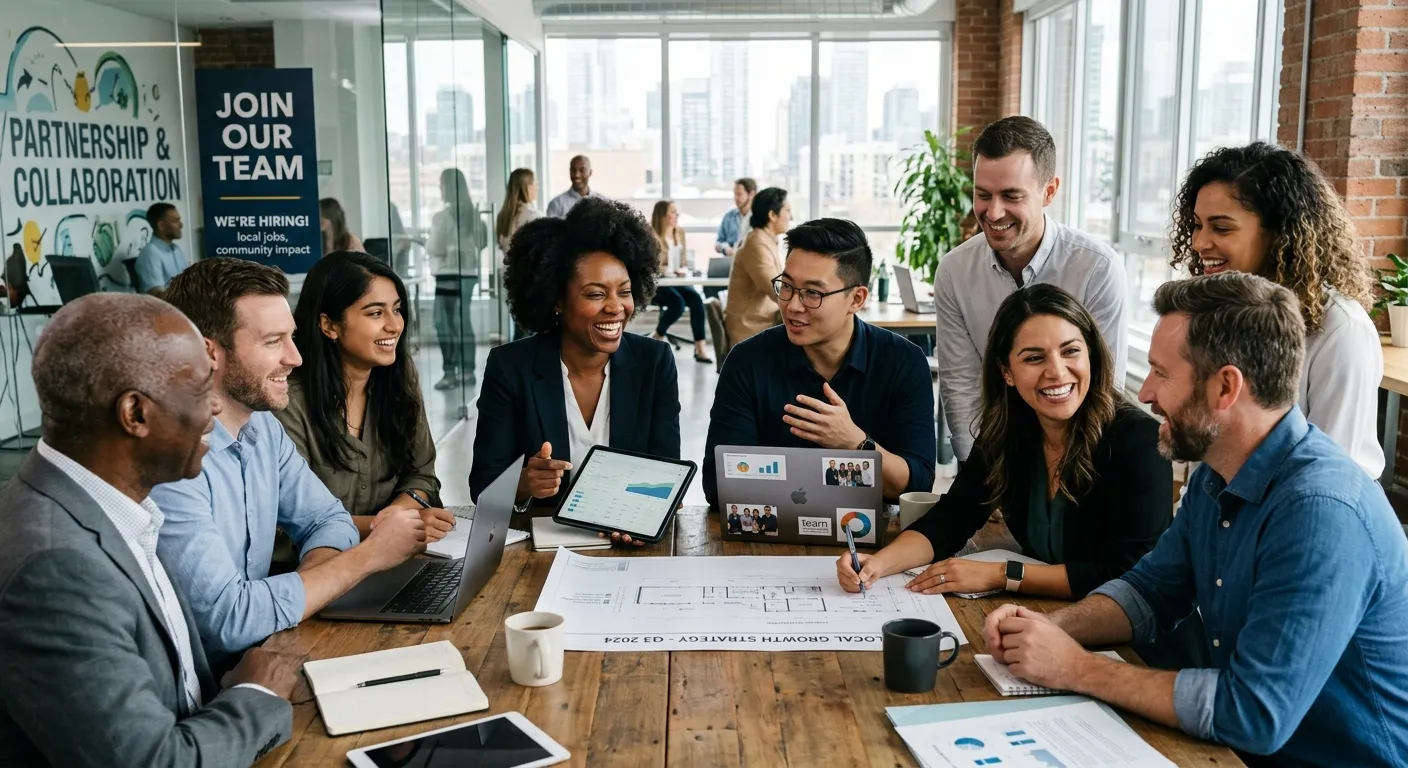 A professional, high-energy photo of a diverse team of local professionals collaborating in a modern... A professional, high-energy photo of a diverse team of local professionals collaborating in a modern office. The image should convey partnership, local community, and dynamic hiring. Style: Bright, authentic, professional.