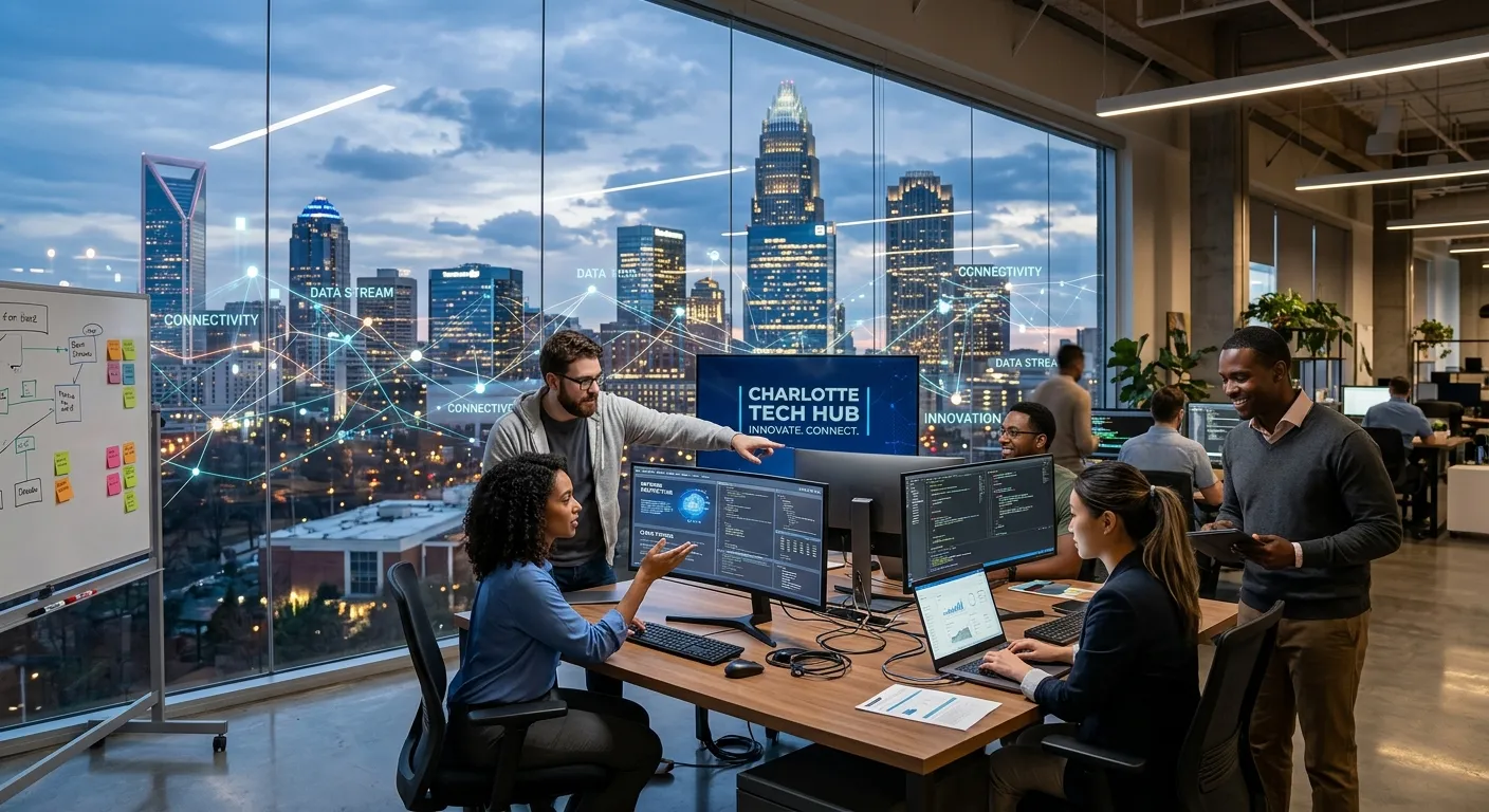 A dynamic, professional photo of the Charlotte skyline blending with a modern tech office environmen... A dynamic, professional photo of the Charlotte skyline blending with a modern tech office environment. IT professionals collaborating on screens, with a subtle overlay of digital network graphics. Style: Modern, vibrant, corporate. Mood: Innovative, connected, and professional.