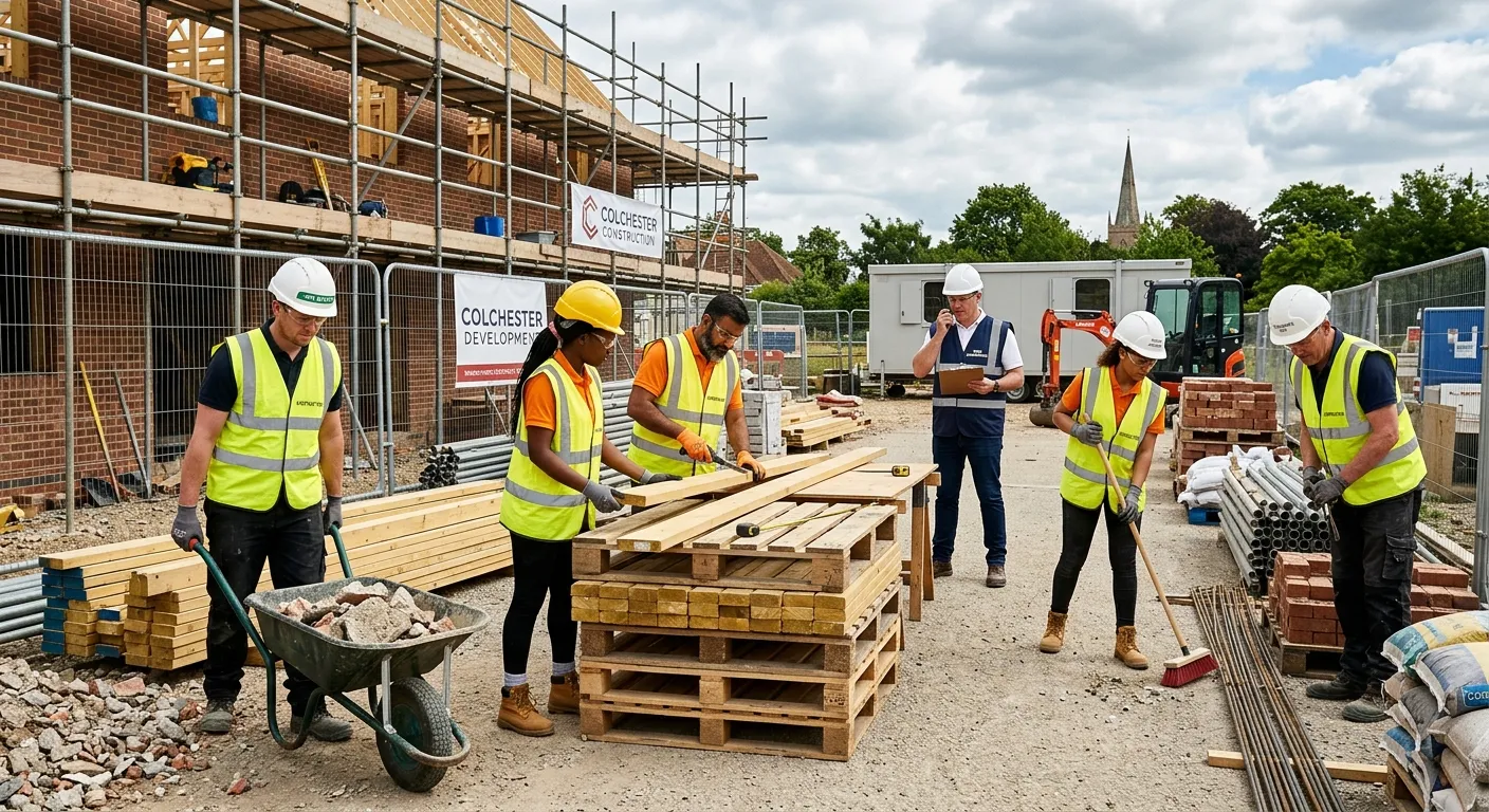 A diverse team of general labourers in hi-vis vests and hard hats engaged in various tasks on a busy but organised construction site in Colchester, with materials stacked neatly and a supervisor in the background.